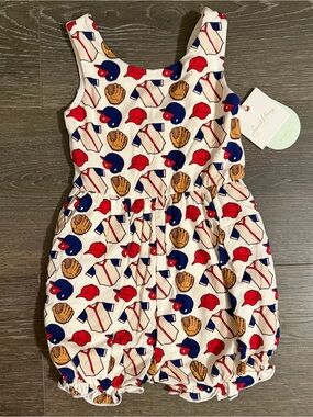 SweetHoney Cream Baby Girl Romper with Red and Navy Baseball Print